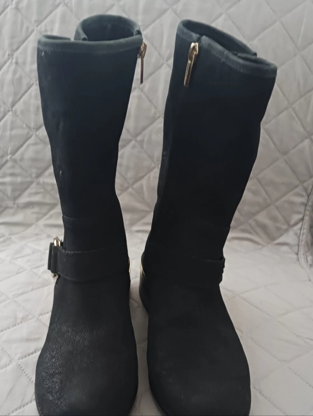 Vince Camuto Black Suede Mid-Calf Heeled Boots with Buckle